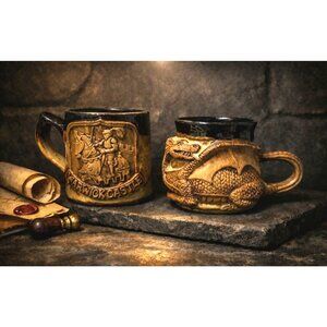 Castle Mug Set Medieval Knight 3D Dragon Brown Stoneware Gothic Castlecore Colle